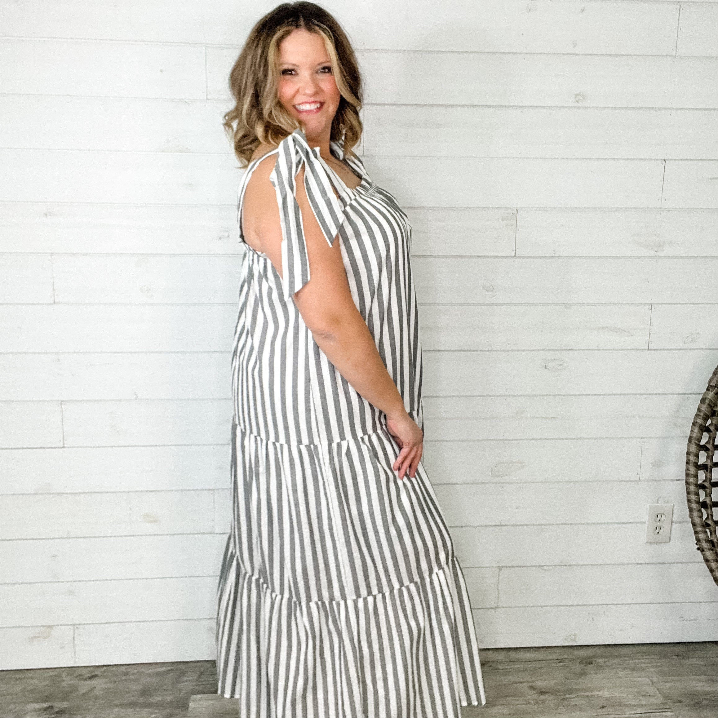 I'm Ready" Striped Tiered Maxi Dress with Shoulder Ties-Lola Monroe Boutique