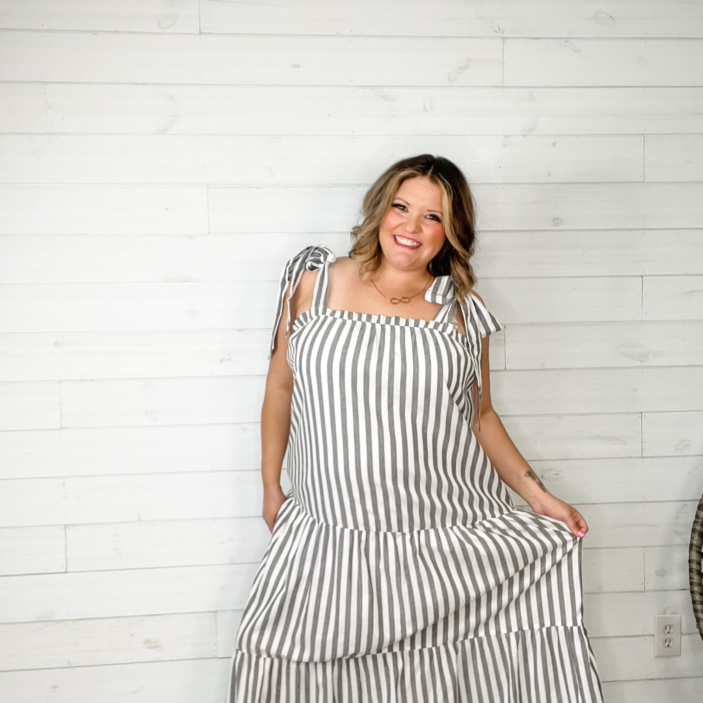 I'm Ready" Striped Tiered Maxi Dress with Shoulder Ties-Lola Monroe Boutique