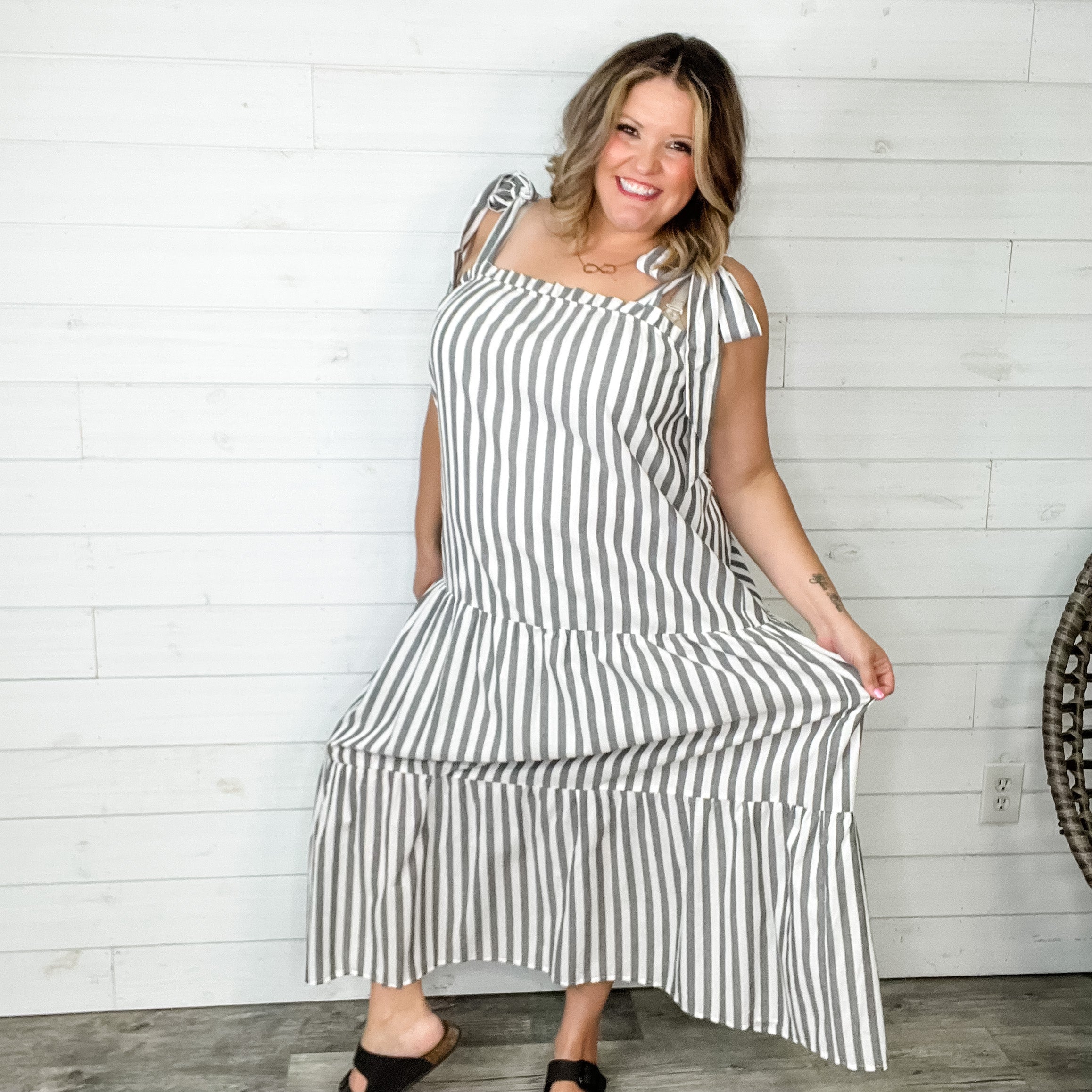 I'm Ready" Striped Tiered Maxi Dress with Shoulder Ties-Lola Monroe Boutique