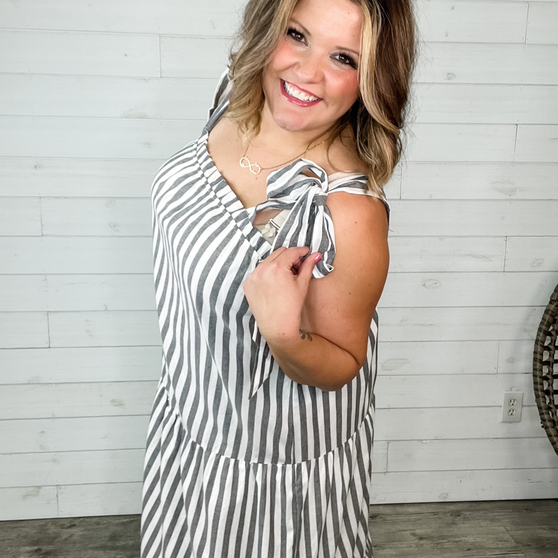 I'm Ready" Striped Tiered Maxi Dress with Shoulder Ties-Lola Monroe Boutique