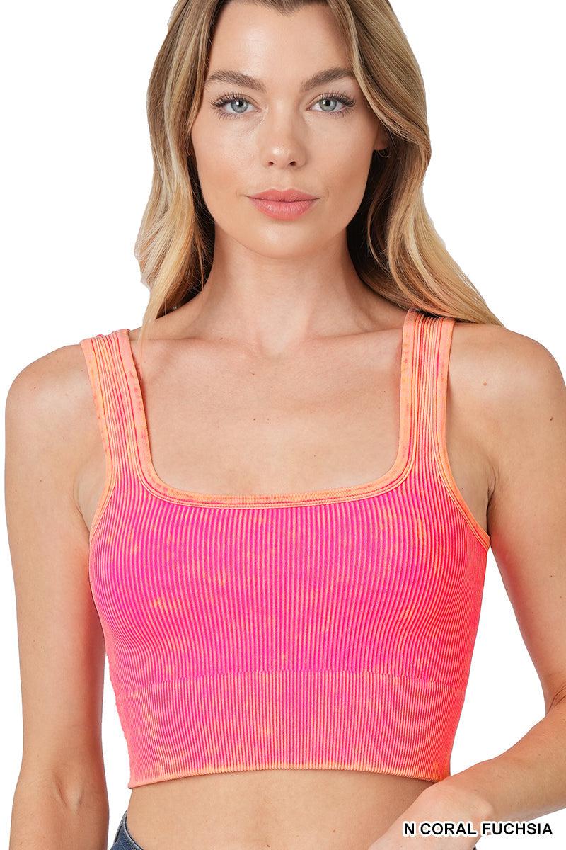 "I'm With The Band" Mineral Wash Ribbed Square Neck Cropped Bralette Tank (Multiple Colors)-Lola Monroe Boutique