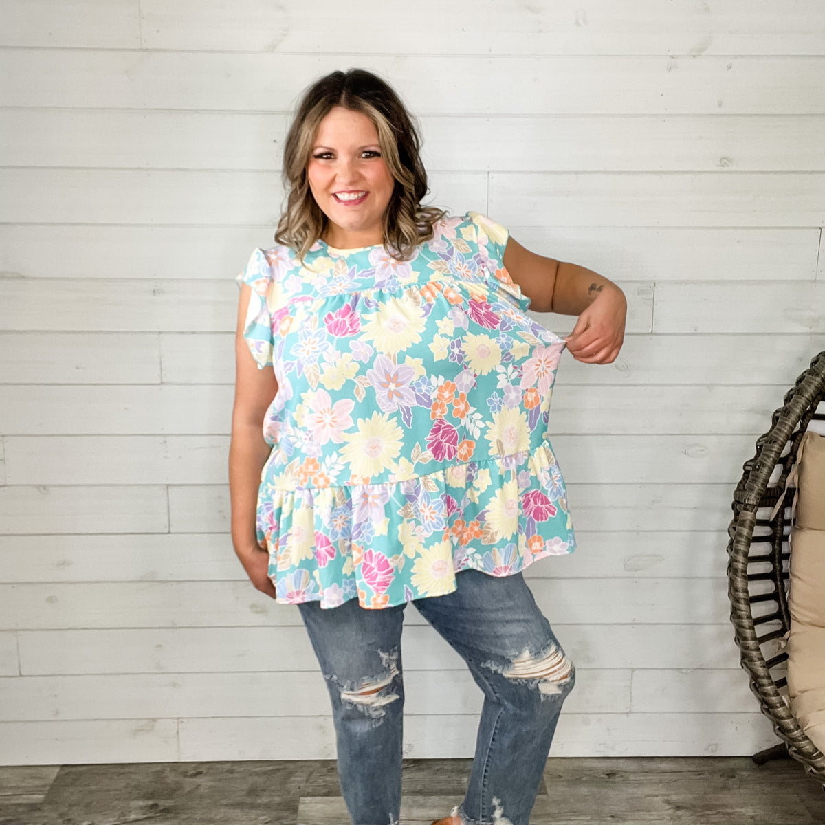 "Liam" Floral Ruffle Cap Sleeve Tiered Top