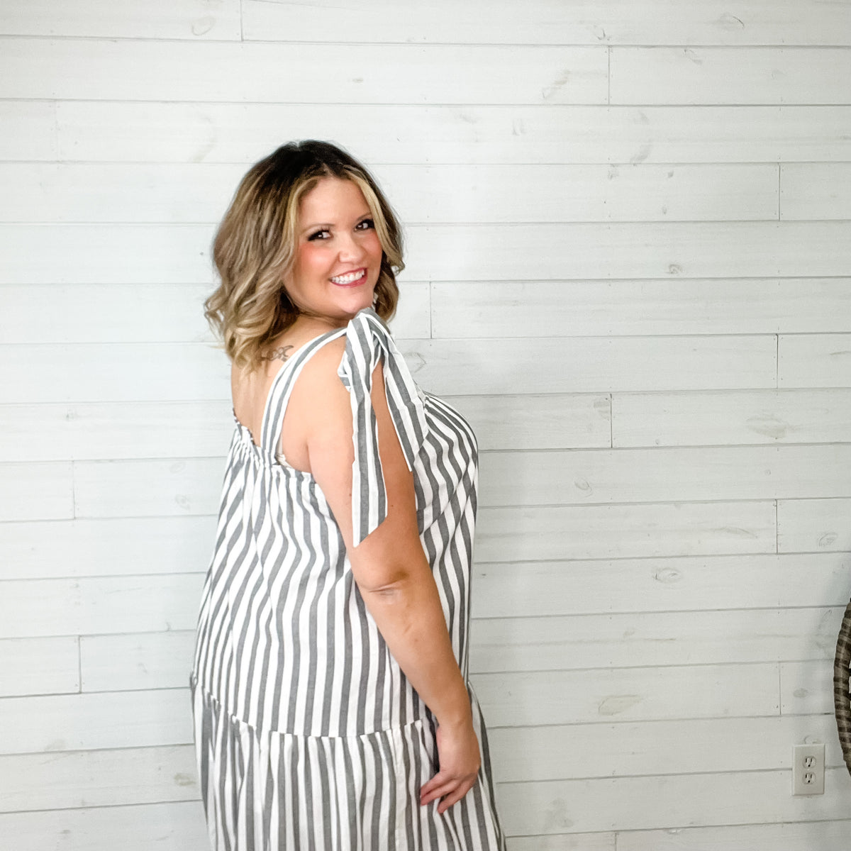 I'm Ready" Striped Tiered Maxi Dress with Shoulder Ties