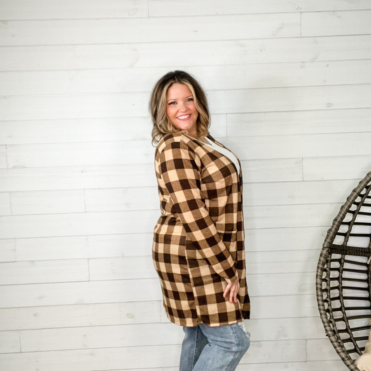 "Tried and True" Long Sleeve Checkered Cardigan (Brown)