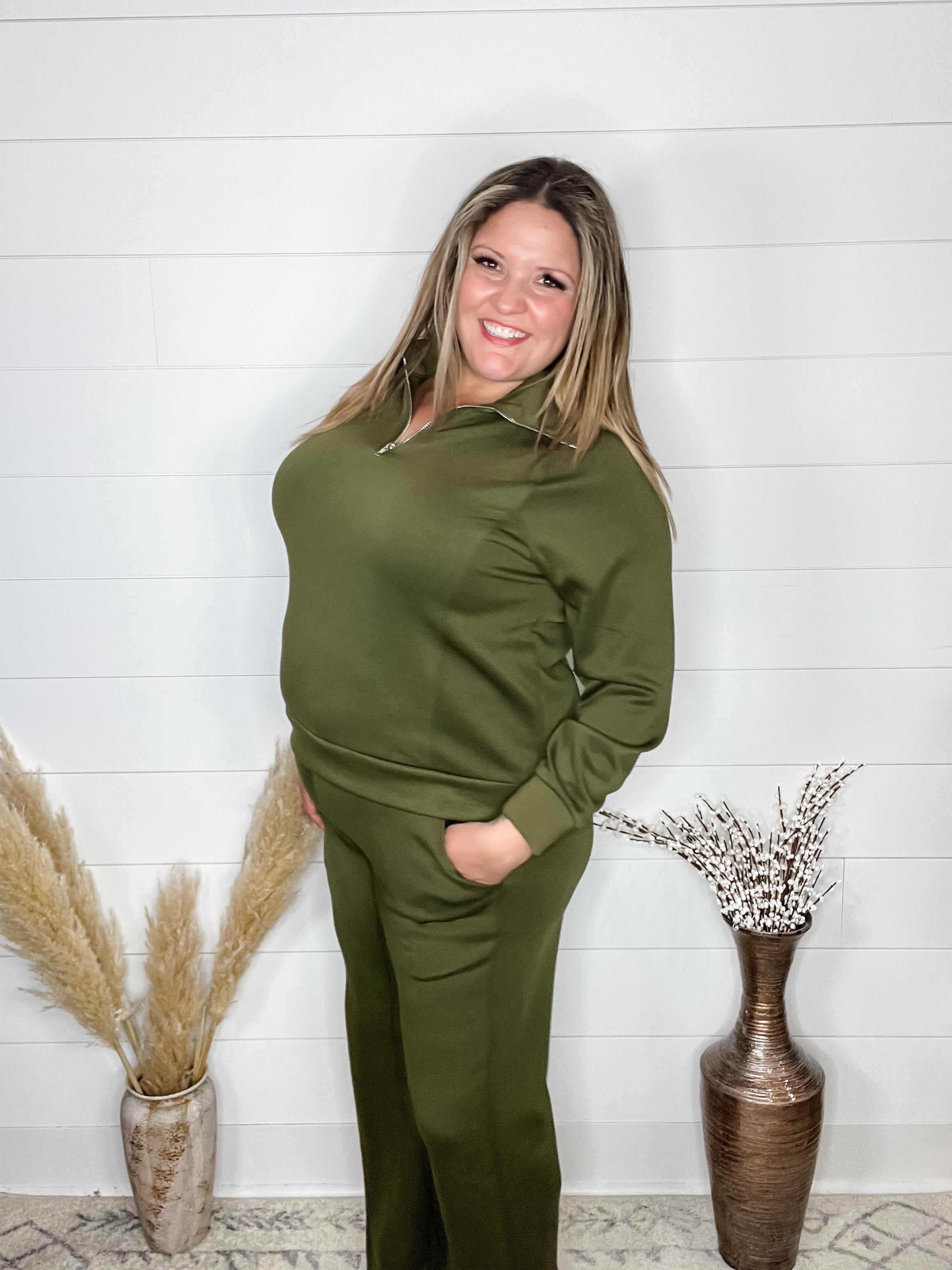 "In Flight" Half Zip Pullover (Olive)-Lola Monroe Boutique