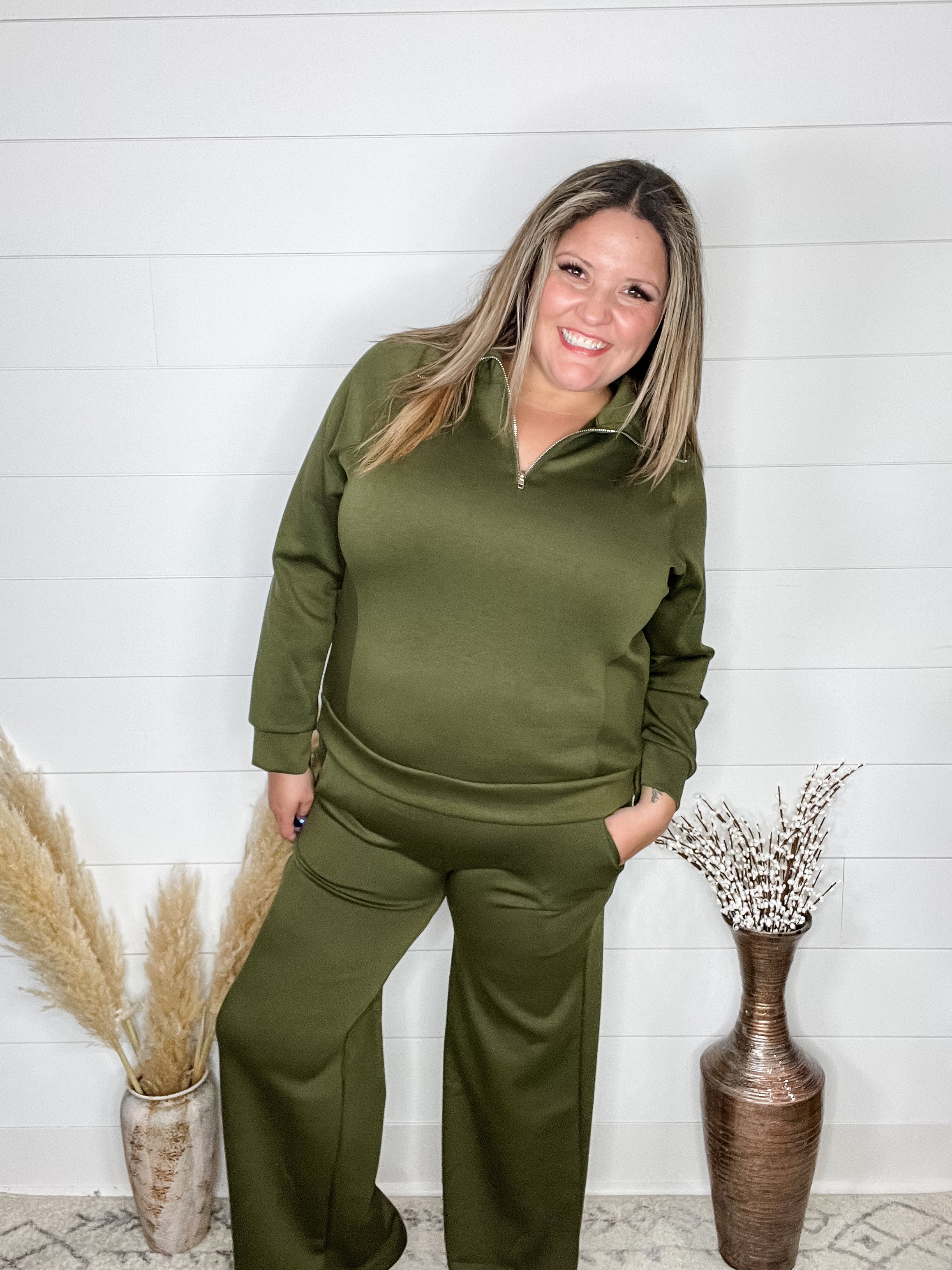 "In Flight" Half Zip Pullover (Olive)-Lola Monroe Boutique