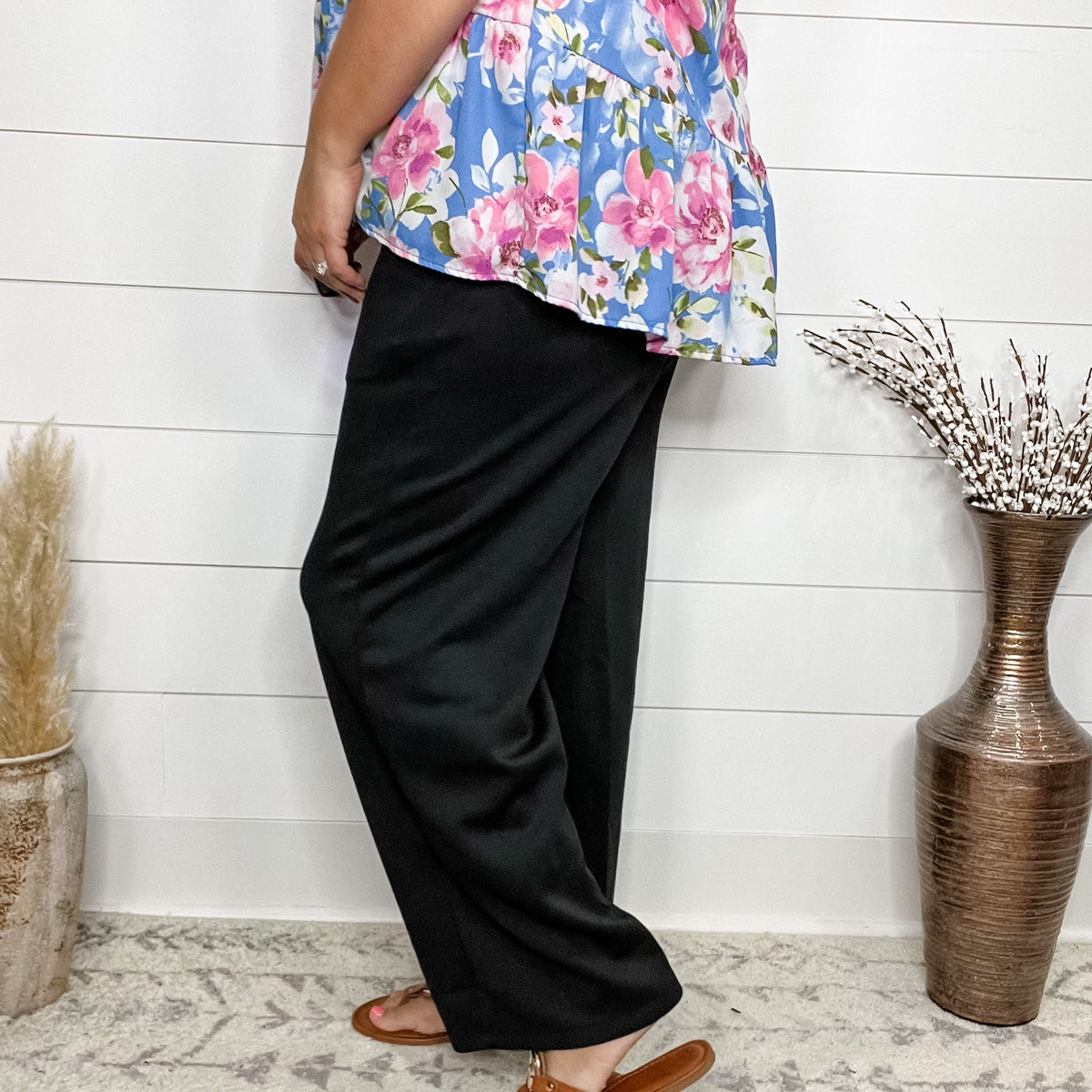 "In Flight" Wide Leg Open Bottom Casual Pants with Pockets (Black)-Lola Monroe Boutique