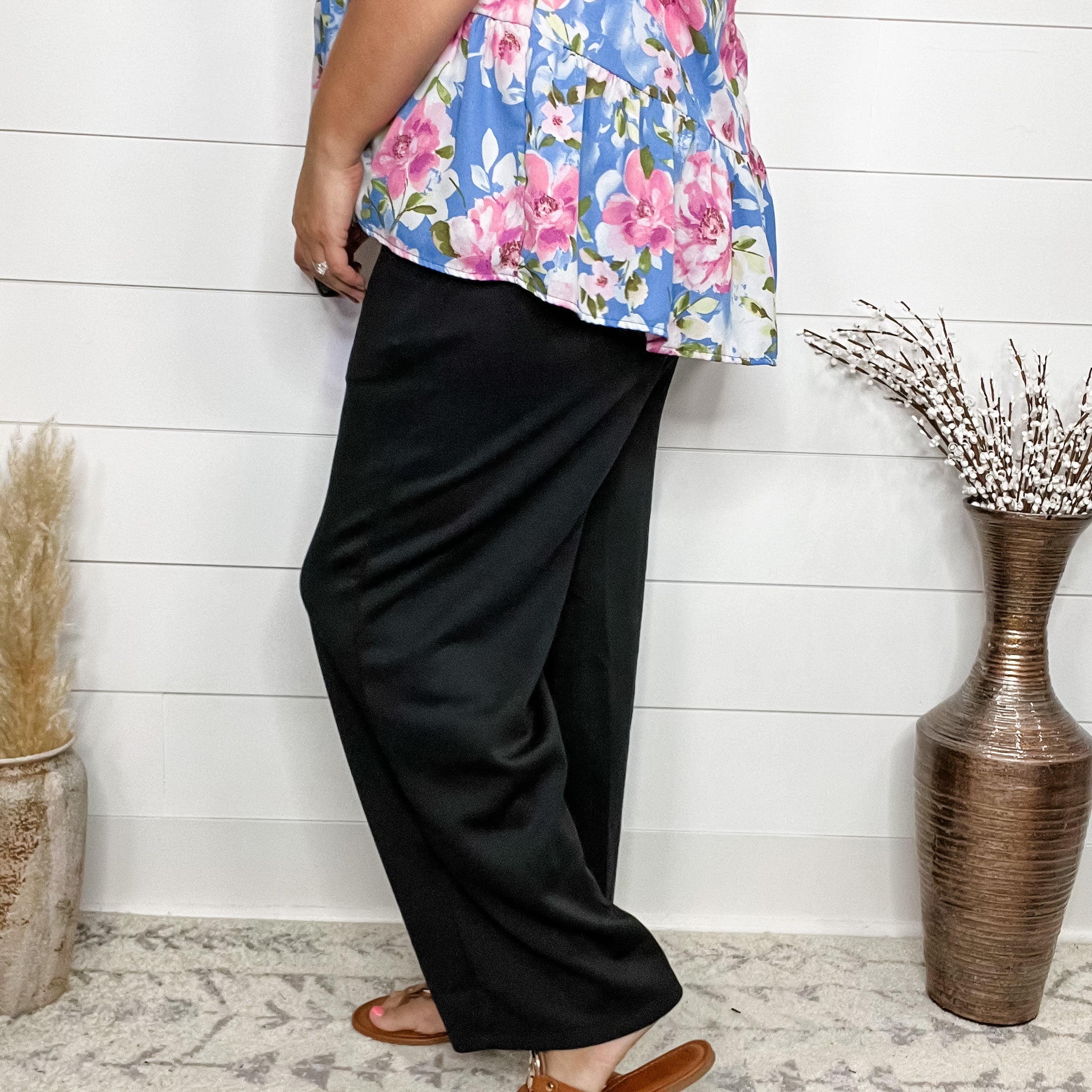 "In Flight" Wide Leg Open Bottom Casual Pants with Pockets (Black)-Lola Monroe Boutique