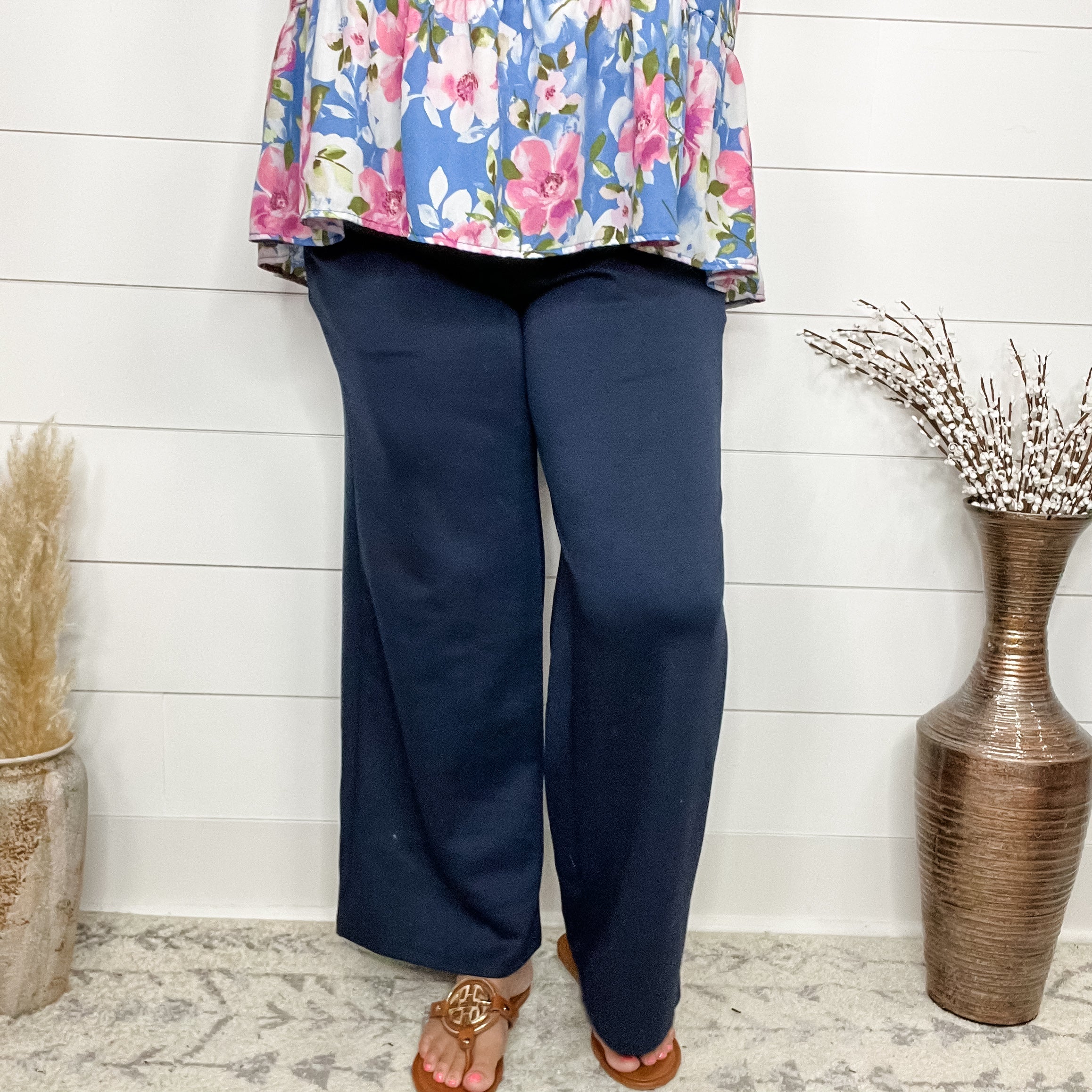 "In Flight" Wide Leg Open Bottom Casual Pants with Pockets (Navy)-Lola Monroe Boutique