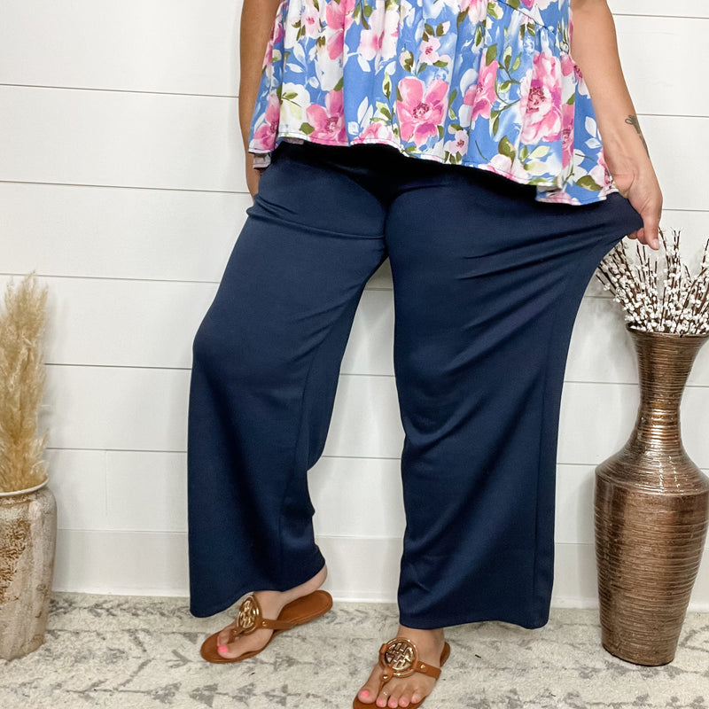 "In Flight" Wide Leg Open Bottom Casual Pants with Pockets (Navy)-Lola Monroe Boutique