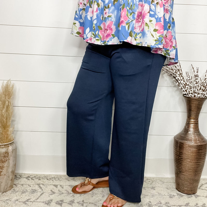 "In Flight" Wide Leg Open Bottom Casual Pants with Pockets (Navy)-Lola Monroe Boutique