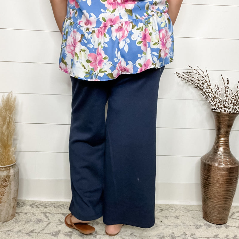 "In Flight" Wide Leg Open Bottom Casual Pants with Pockets (Navy)-Lola Monroe Boutique