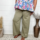 "In Flight" Wide Leg Open Bottom Casual Pants with Pockets (Sage)-Lola Monroe Boutique