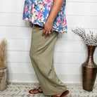 "In Flight" Wide Leg Open Bottom Casual Pants with Pockets (Sage)-Lola Monroe Boutique