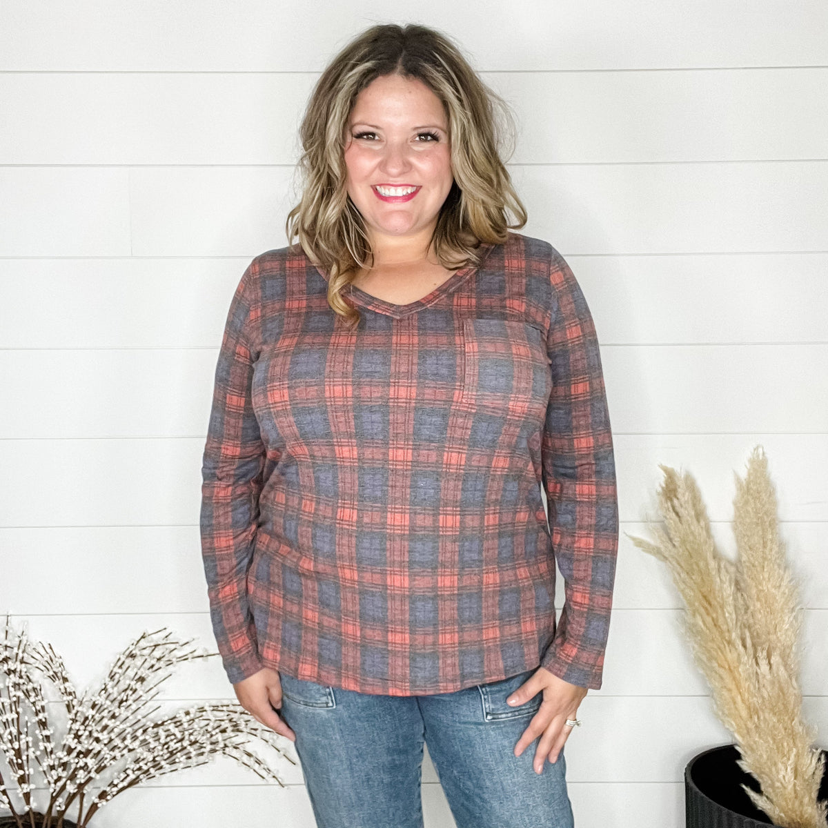 "In To It" Long Sleeve Plaid V Neck with Chest Pocket