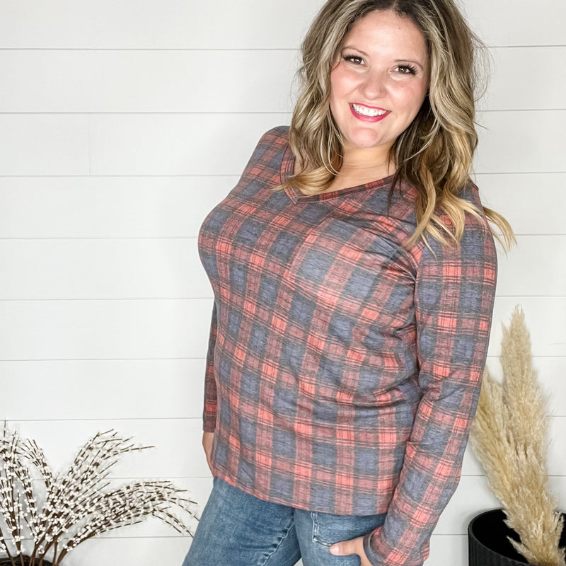 "In To It" Long Sleeve Plaid V Neck with Chest Pocket