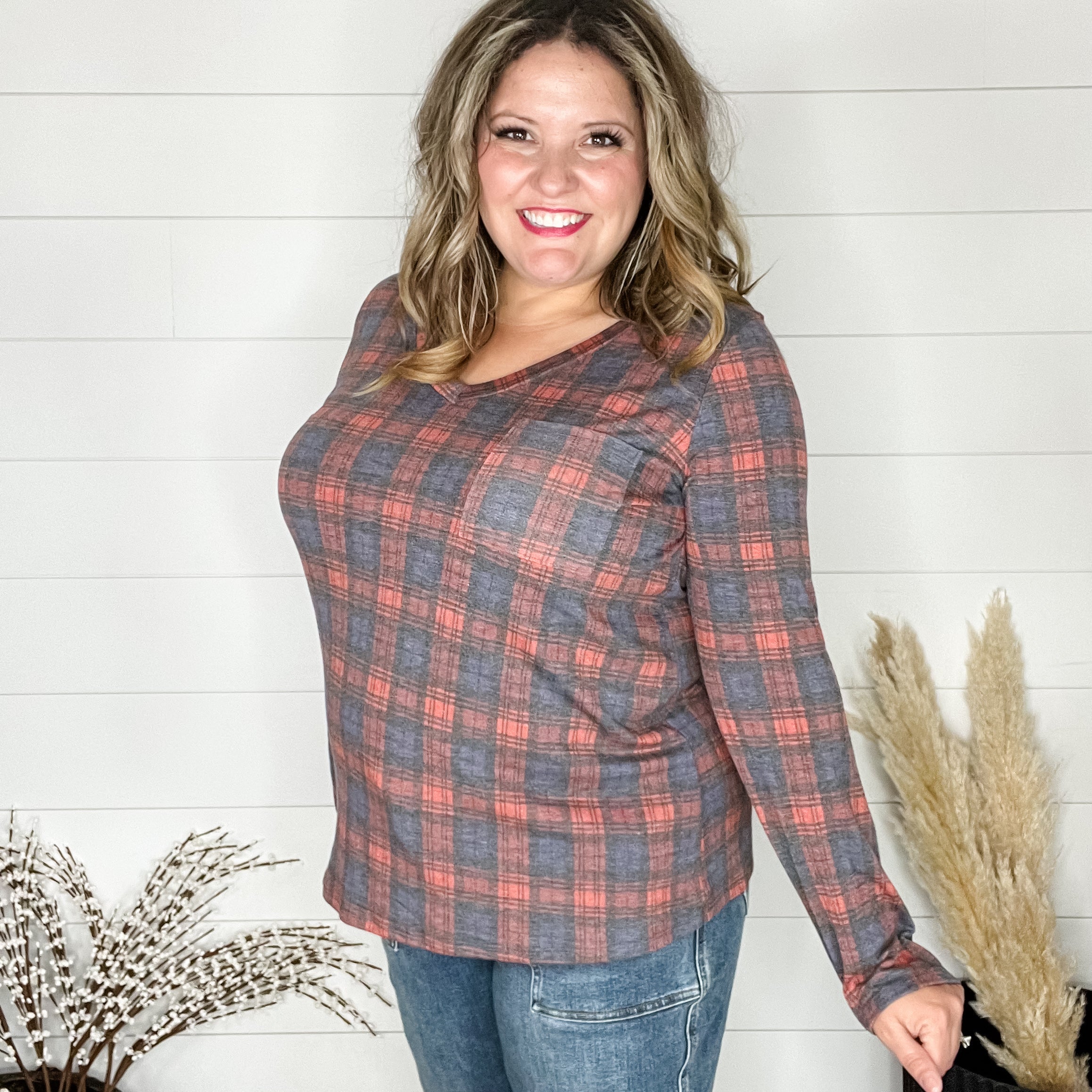 "In To It" Long Sleeve Plaid V Neck with Chest Pocket-Lola Monroe Boutique