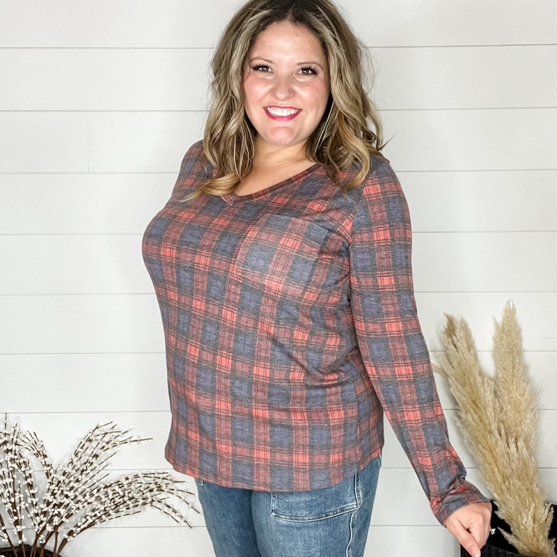 "In To It" Long Sleeve Plaid V Neck with Chest Pocket