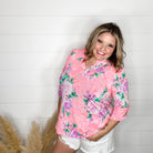 "Inclined" Floral 3/4 Sleeve Split Neck Tops-Lola Monroe Boutique