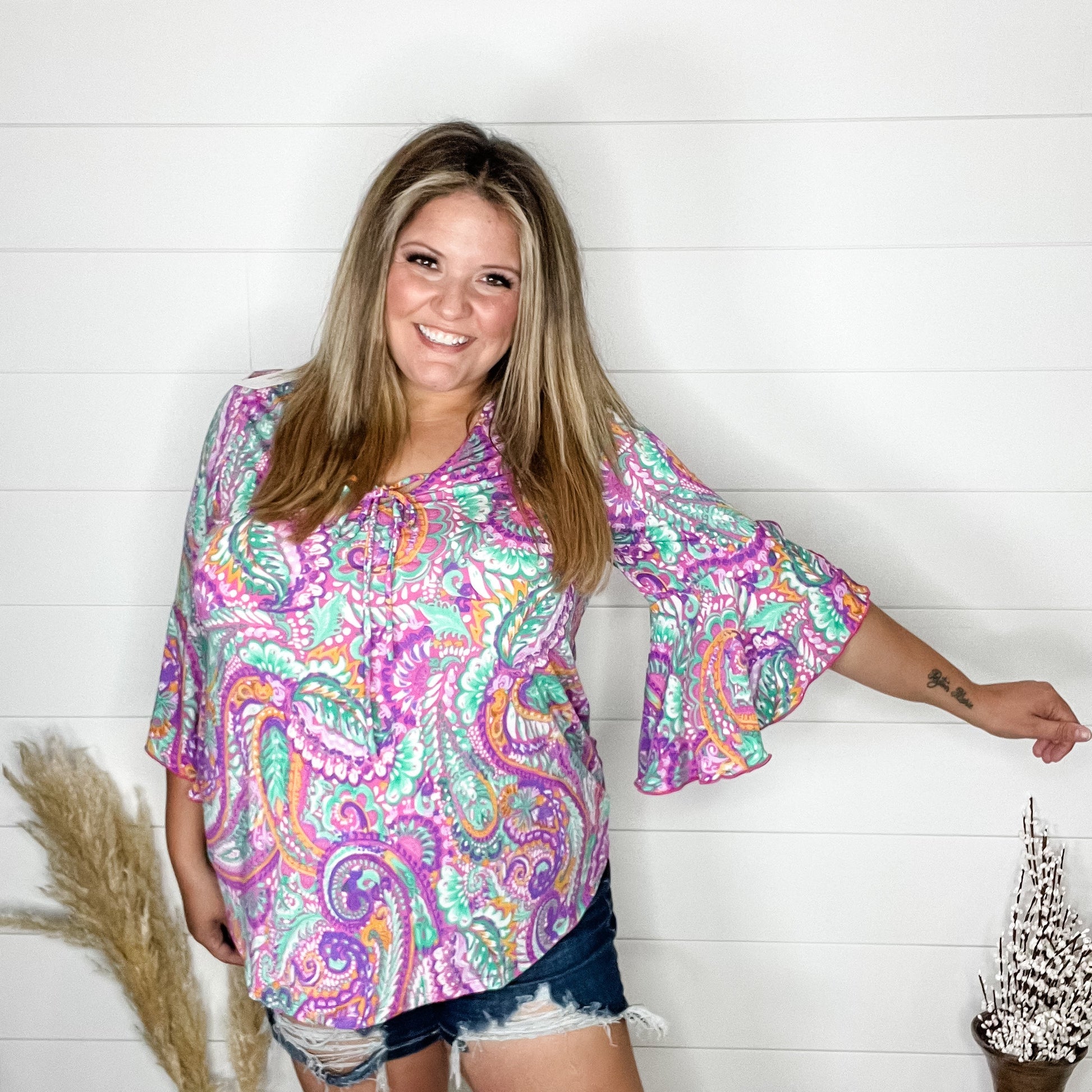 "Indecision" V Neck with Front Tie 3/4 Bell Sleeve