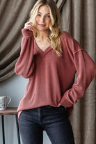 "Inside Out" Long Sleeve Ribbed V Neck with Outside Stitch Detail (Rust)-Lola Monroe Boutique