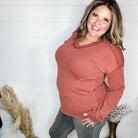 "Inside Out" Long Sleeve Ribbed V Neck with Outside Stitch Detail (Rust)-Lola Monroe Boutique