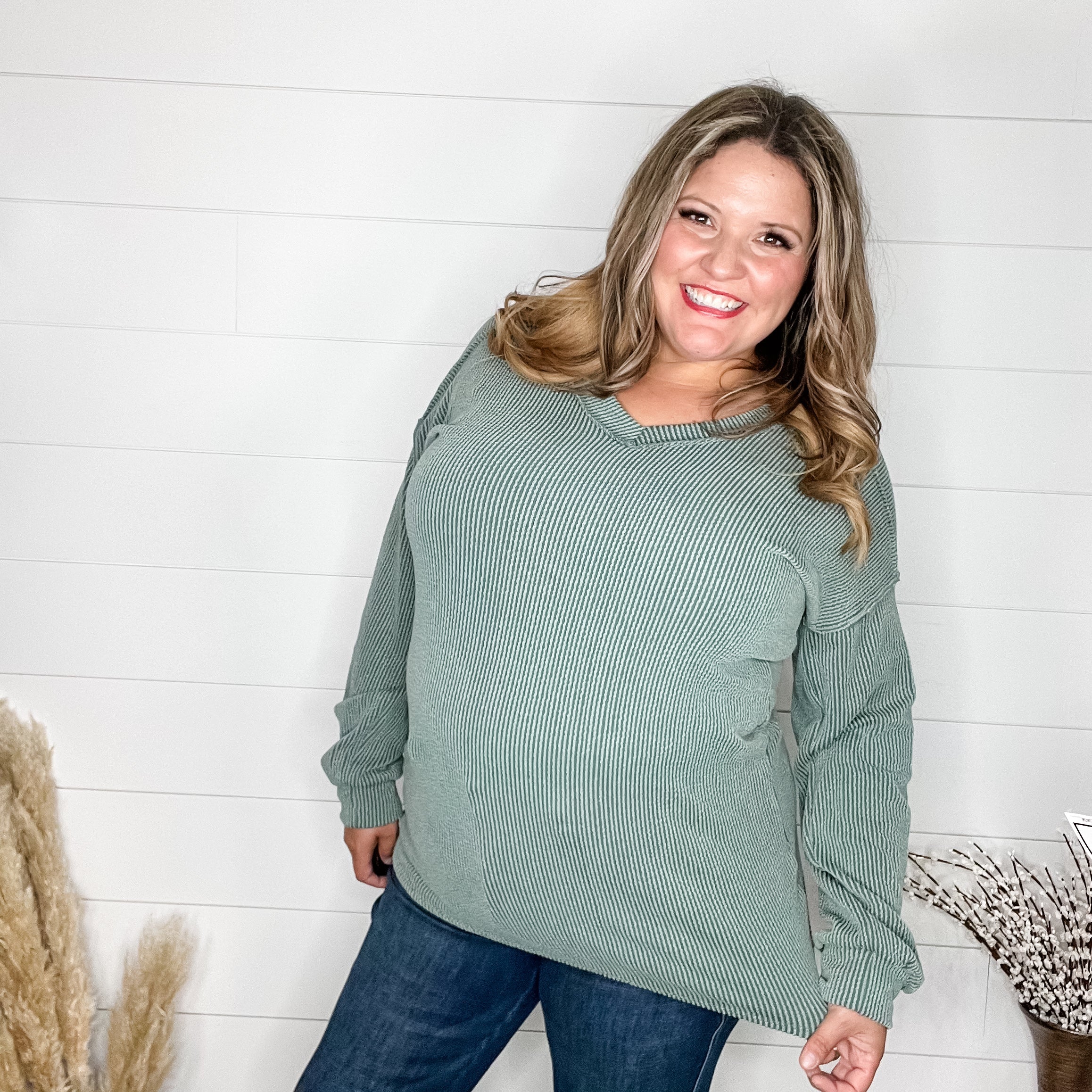 "Inside Out" Long Sleeve Ribbed V Neck with Outside Stitch Detail (Vintage Olive)-Lola Monroe Boutique