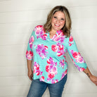 "Interlude" Floral Lizzy 3/4 Sleeve Split Neck Tops-Lola Monroe Boutique