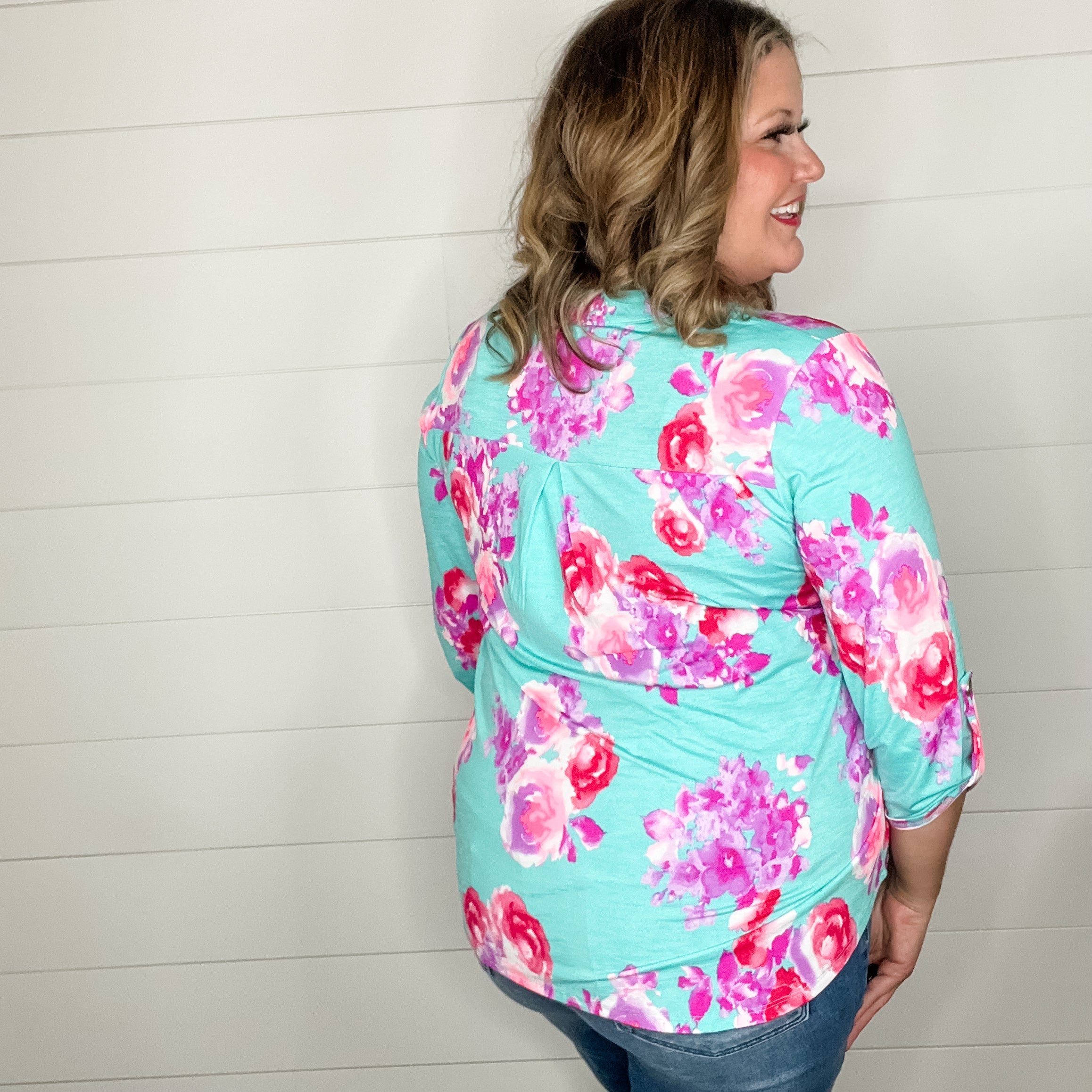 "Interlude" Floral Lizzy 3/4 Sleeve Split Neck Tops-Lola Monroe Boutique