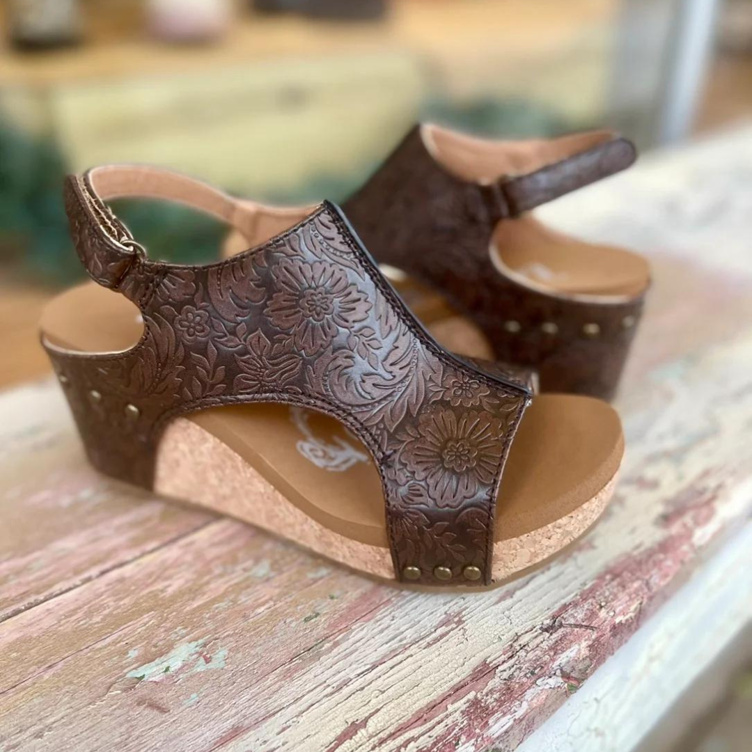 "Isabella" Tooled Wedge Sandal By Very G (Chocolate)-Lola Monroe Boutique