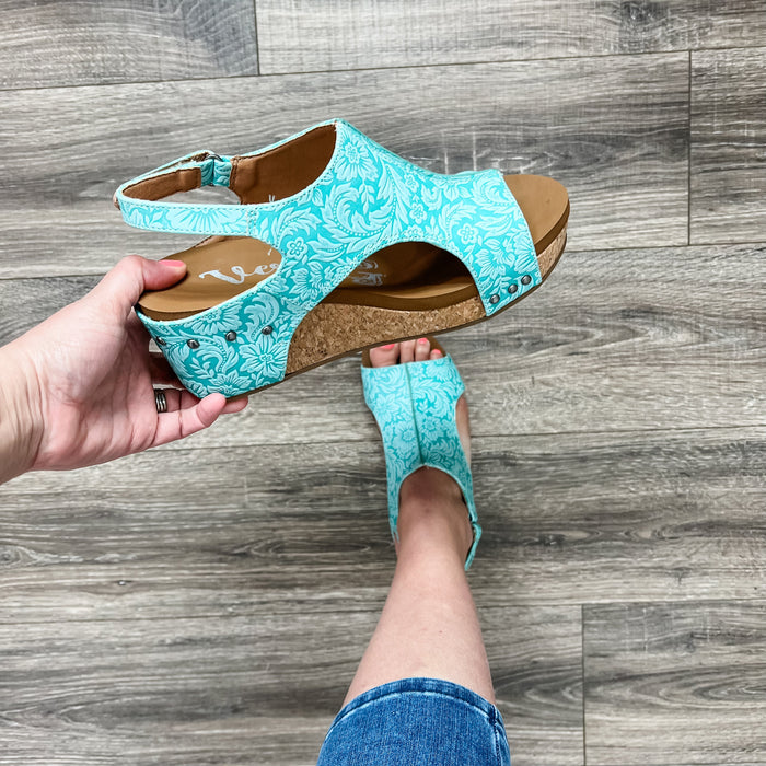 "Isabella" Tooled Wedge Sandal By Very G (Turquoise)-Lola Monroe Boutique