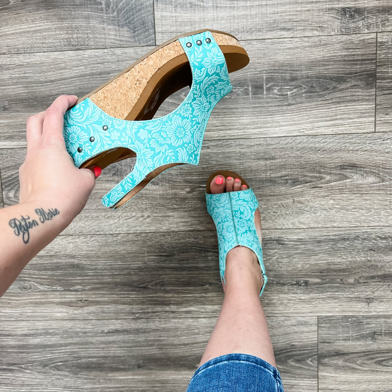 "Isabella" Tooled Wedge Sandal By Very G (Turquoise)-Lola Monroe Boutique