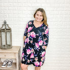 "Isabelle" Floral Tunic/Dress 3/4 Sleeve with Pockets (Black)-Lola Monroe Boutique