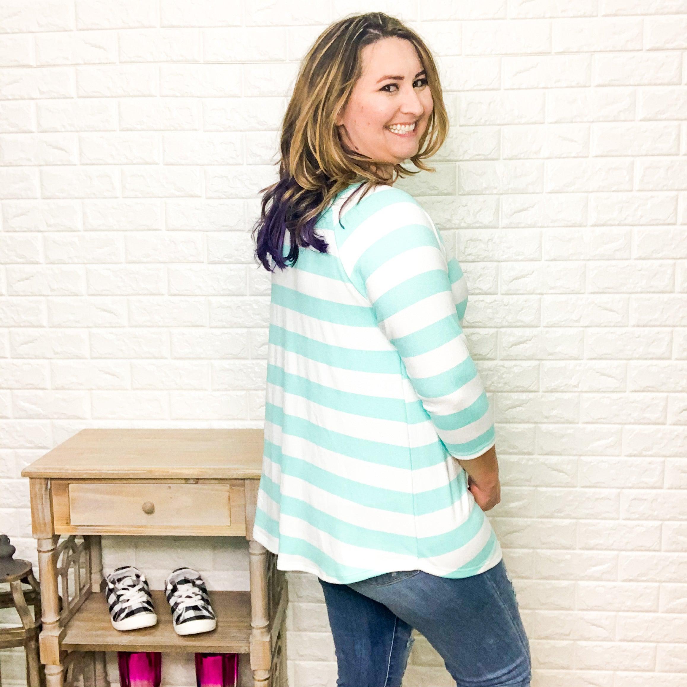 "It's A Breeze" Striped 3/4 Sleeve (Mint)-Lola Monroe Boutique