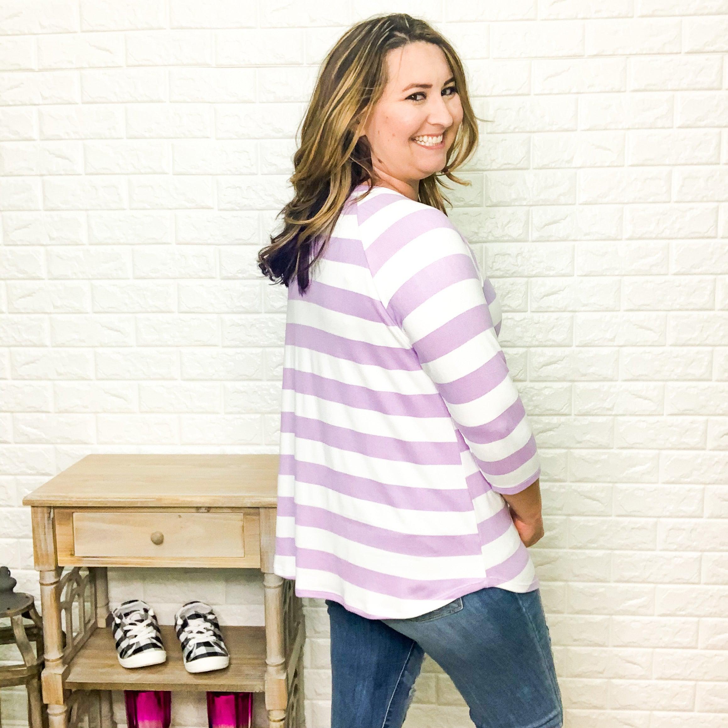 "It's A Breeze" Striped 3/4 Sleeve (Purple)-Lola Monroe Boutique