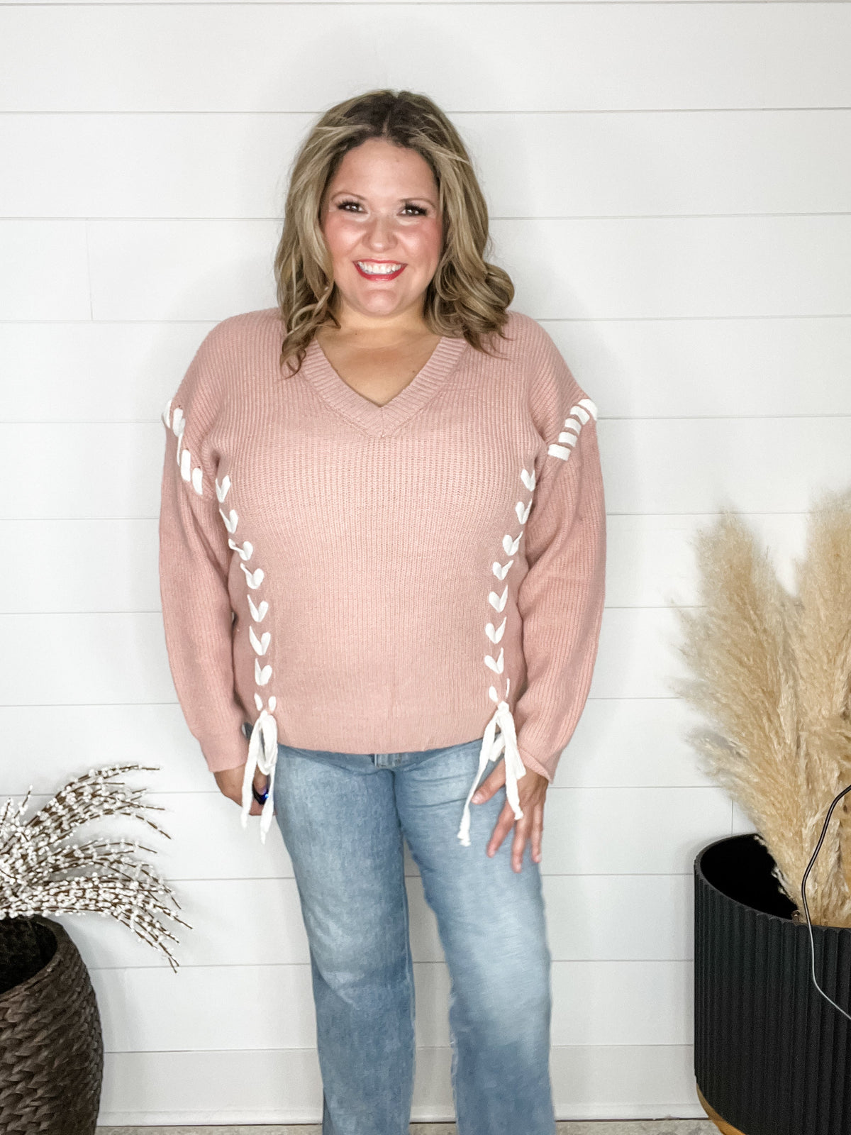 "It's A Cinch" Long Sleeve Lace Up Detail Sweater