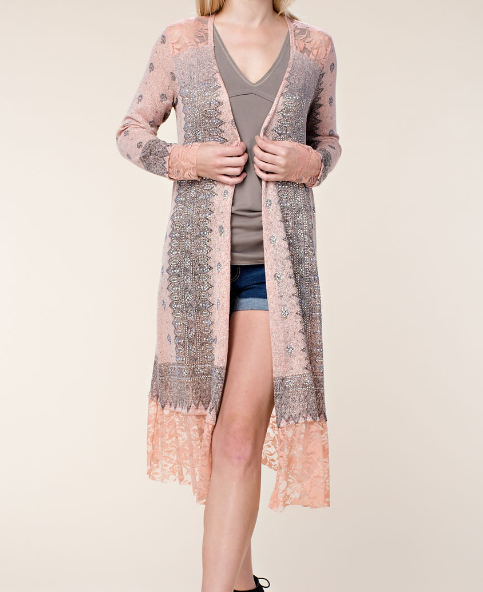 "It's A Date" Long Cardigan with Embelishments (Peach)-Lola Monroe Boutique