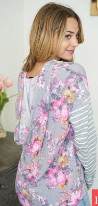 "It's all about the Flowers" Lightweight Hoodie with Stripe Sleeves-Lola Monroe Boutique