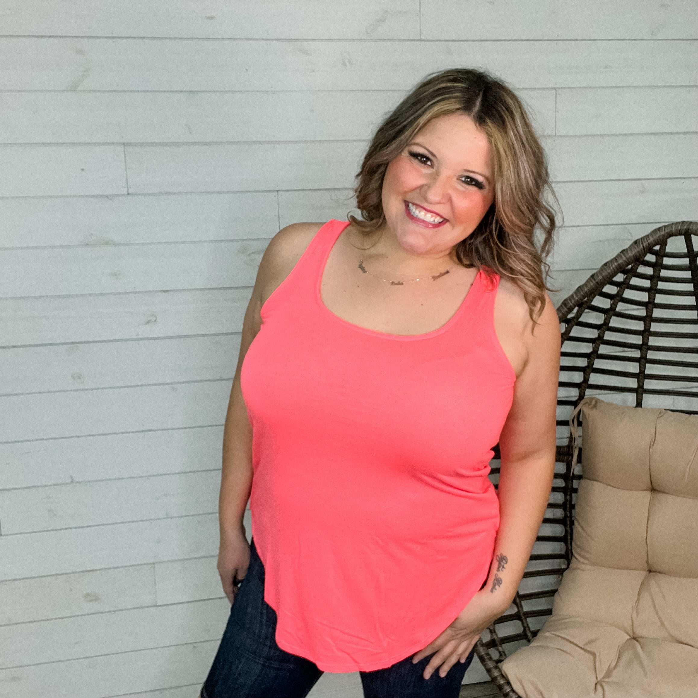 "It's Back" Relaxed Fit Tank (Neon Coral Pink)-Lola Monroe Boutique