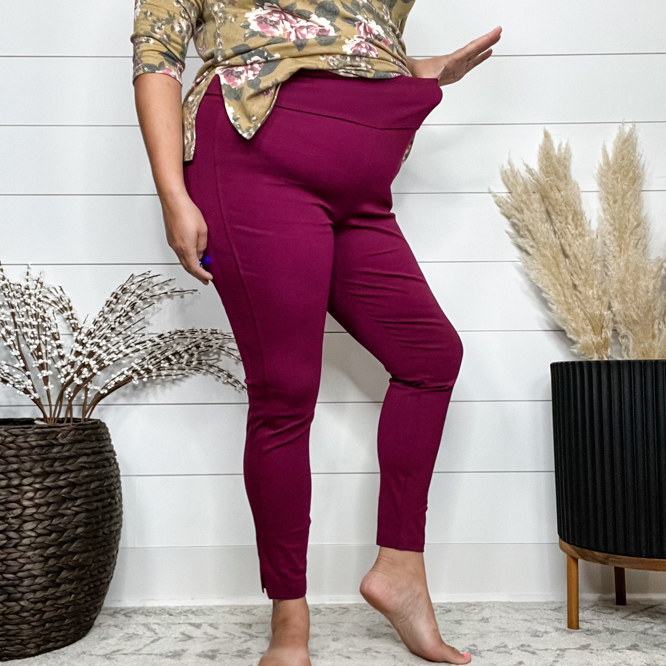 "It's Not A Trick" Pull On Skinny Trousers (Wine)-Lola Monroe Boutique