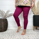 "It's Not A Trick" Pull On Skinny Trousers (Wine)-Lola Monroe Boutique