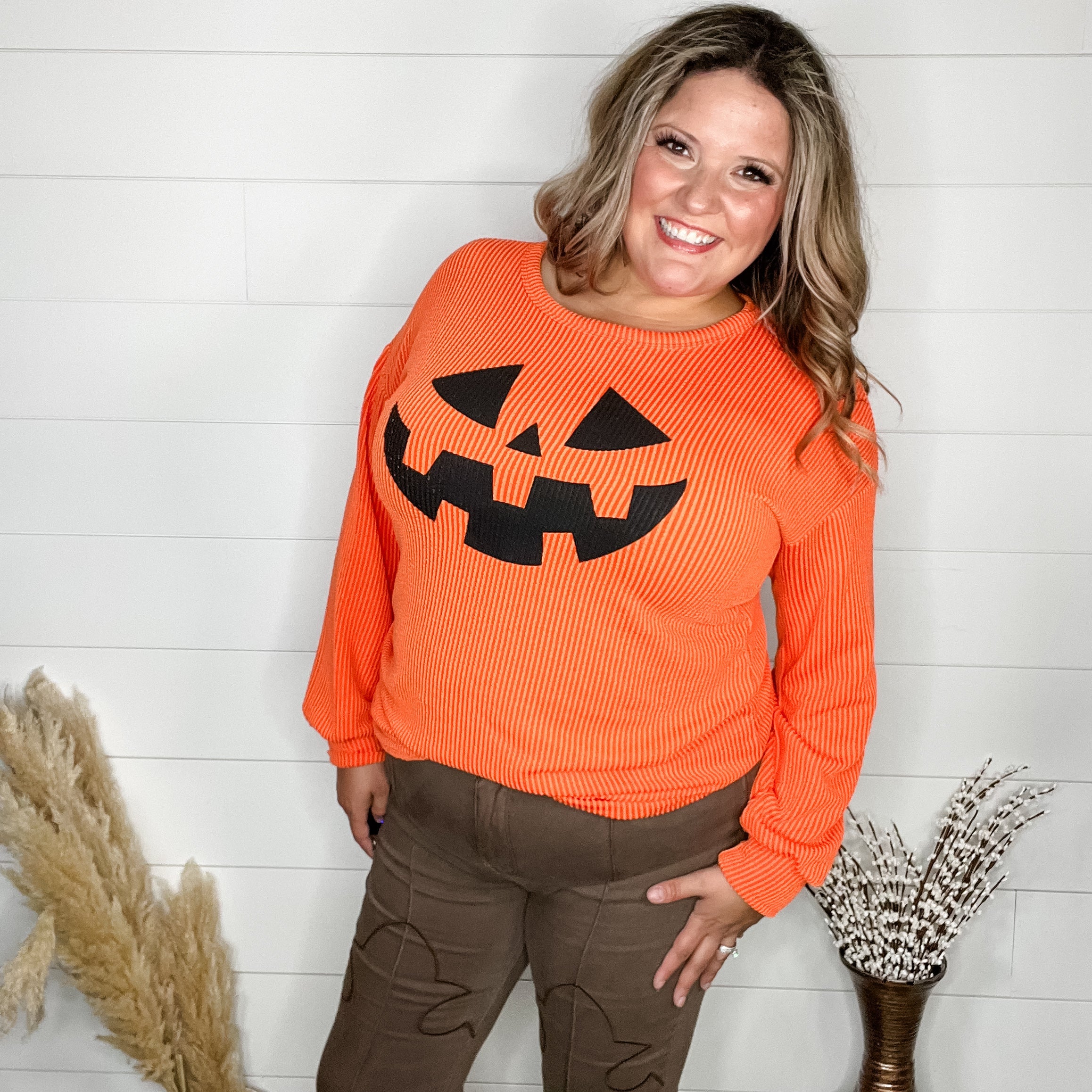 "Jack O Lantern" Long Sleeve Ribbed Top-Lola Monroe Boutique