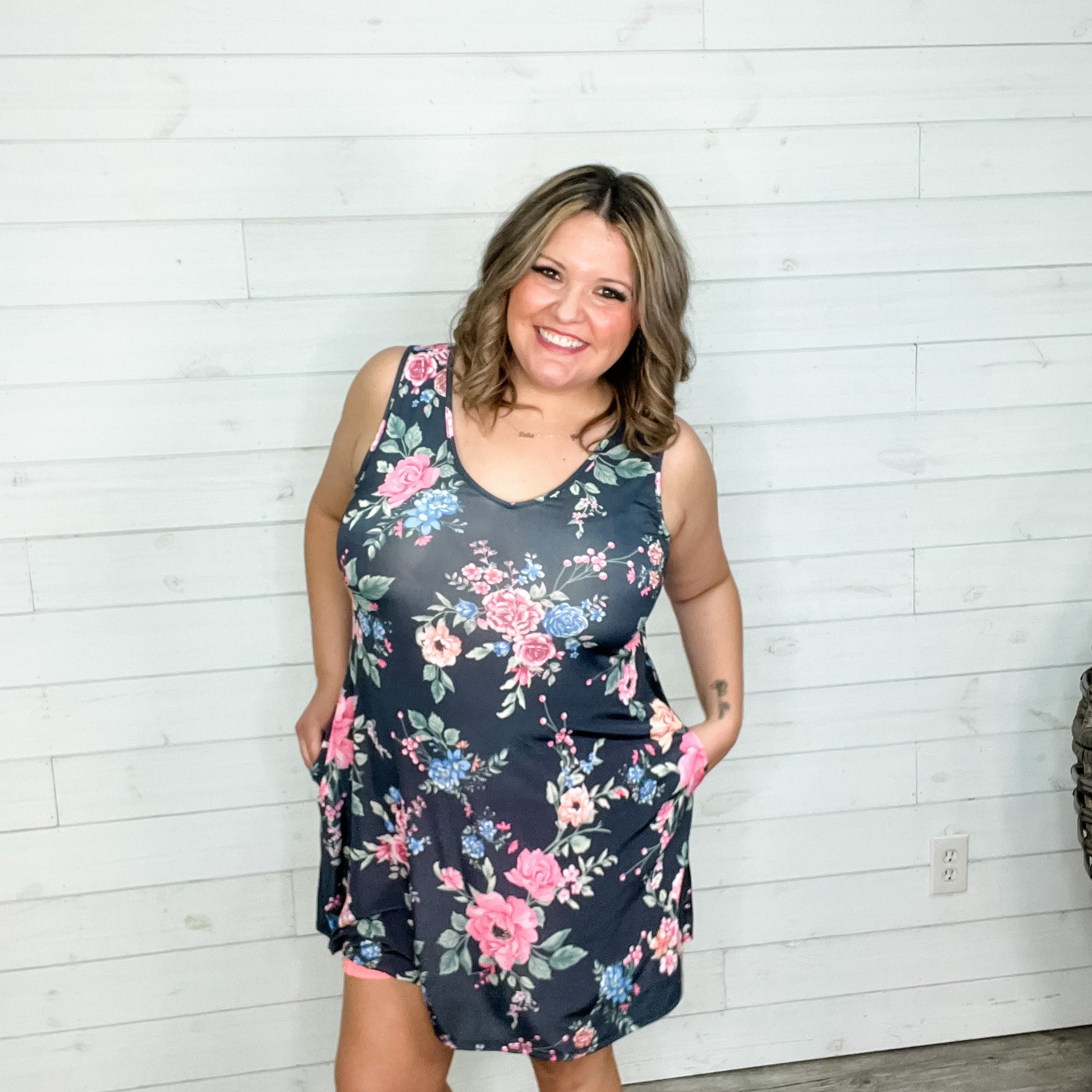 "Jana" Floral V Neck Tank Dress with Pockets-Lola Monroe Boutique