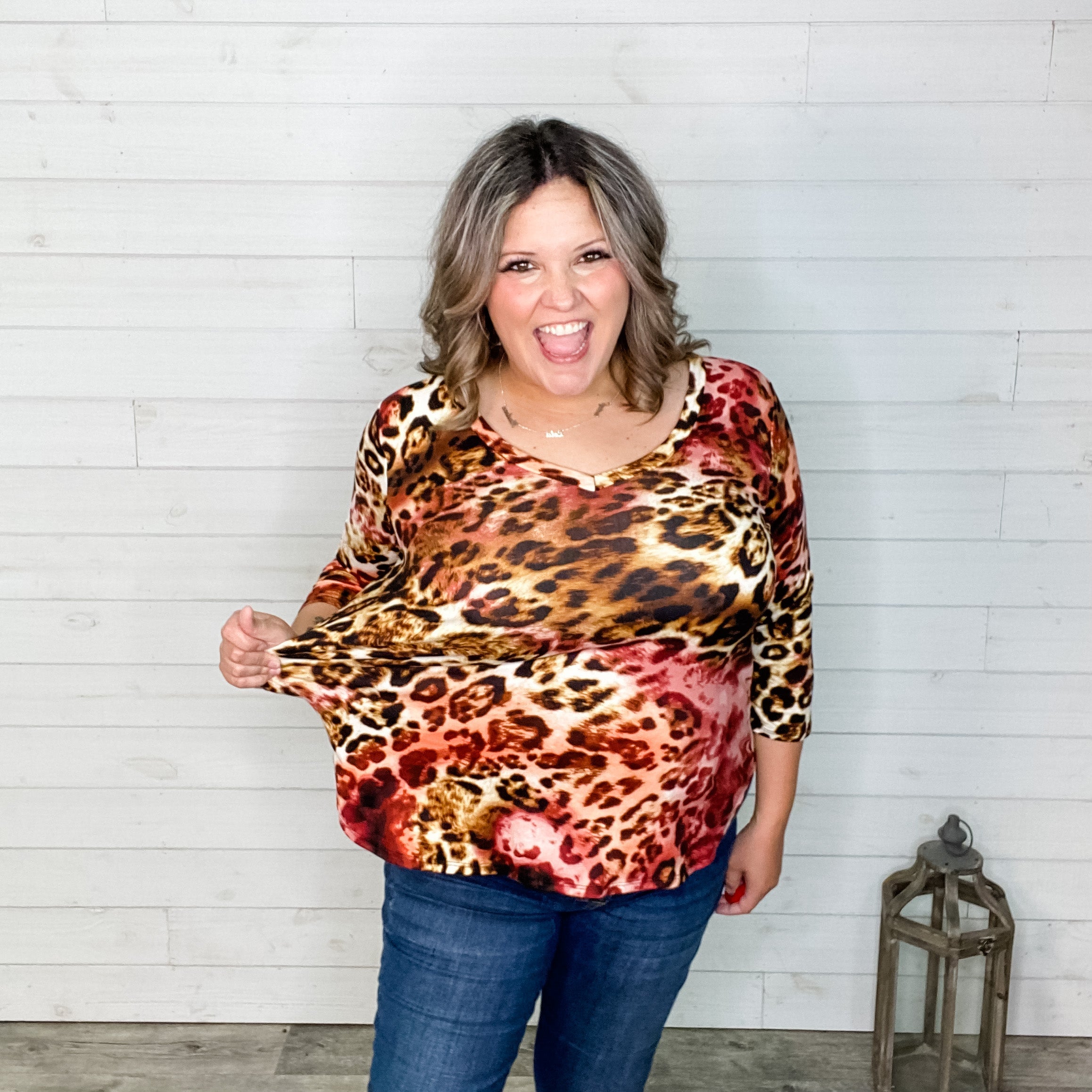 "Jersey" 3/4 Sleeve Animal Print V Neck-Lola Monroe Boutique