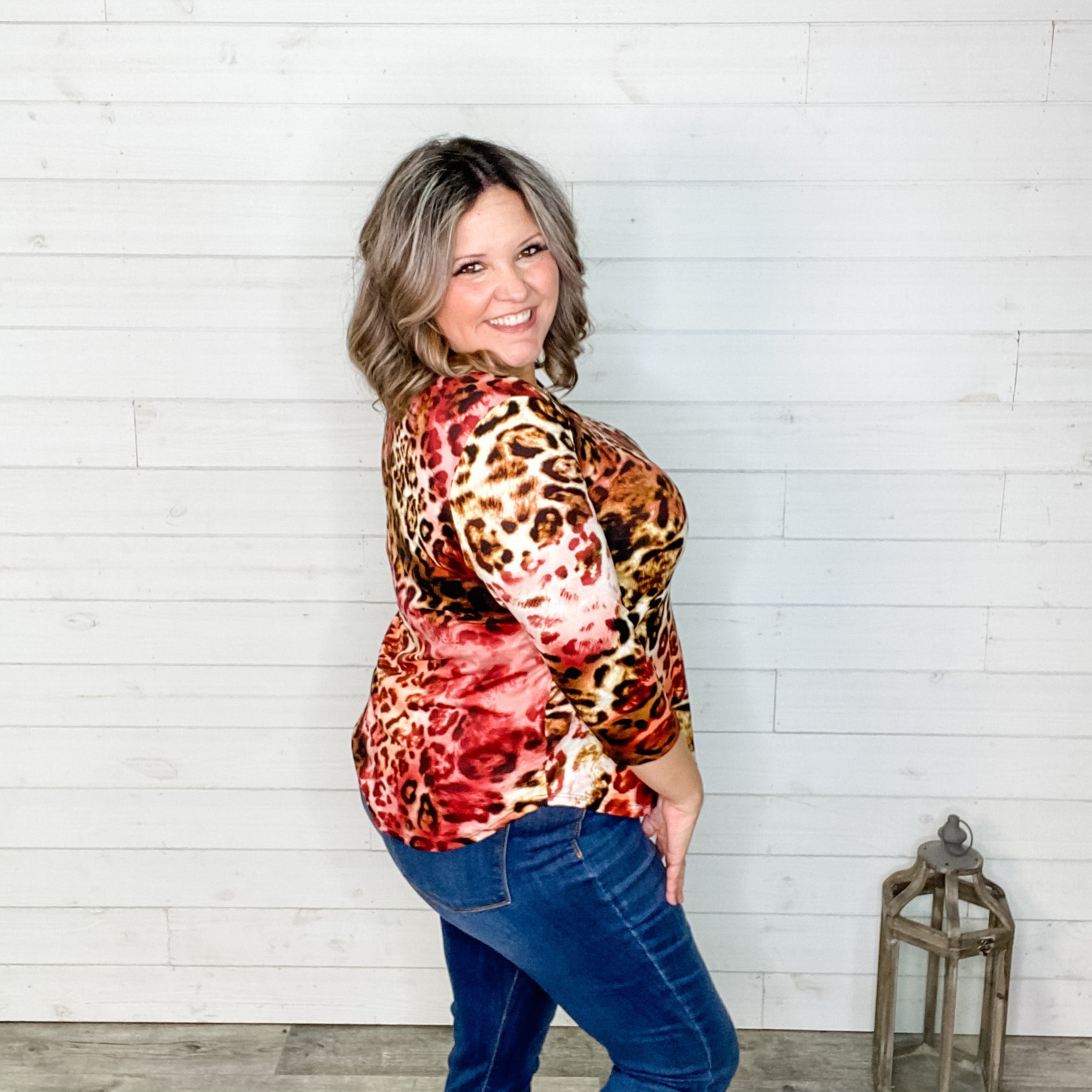 "Jersey" 3/4 Sleeve Animal Print V Neck-Lola Monroe Boutique