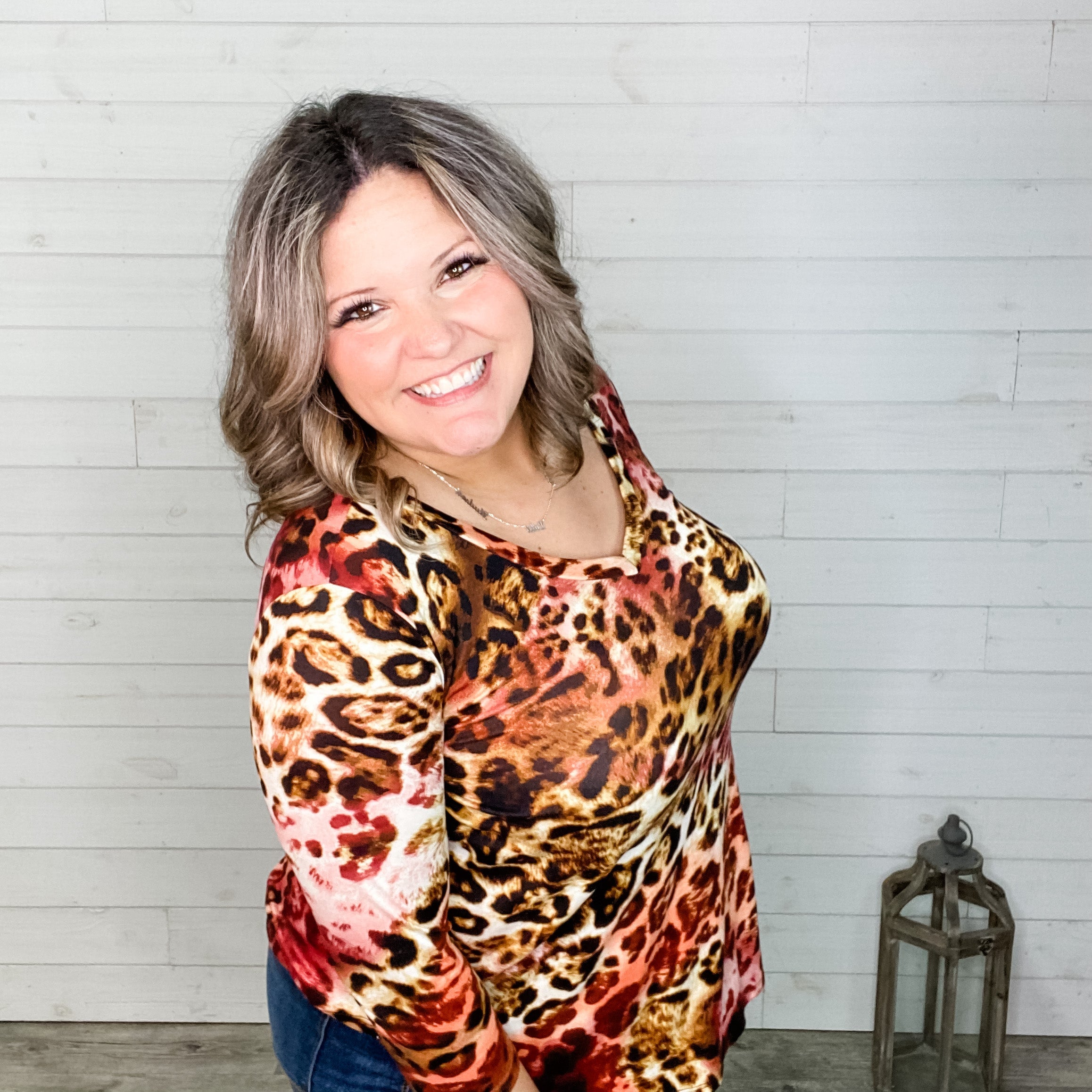 "Jersey" 3/4 Sleeve Animal Print V Neck-Lola Monroe Boutique