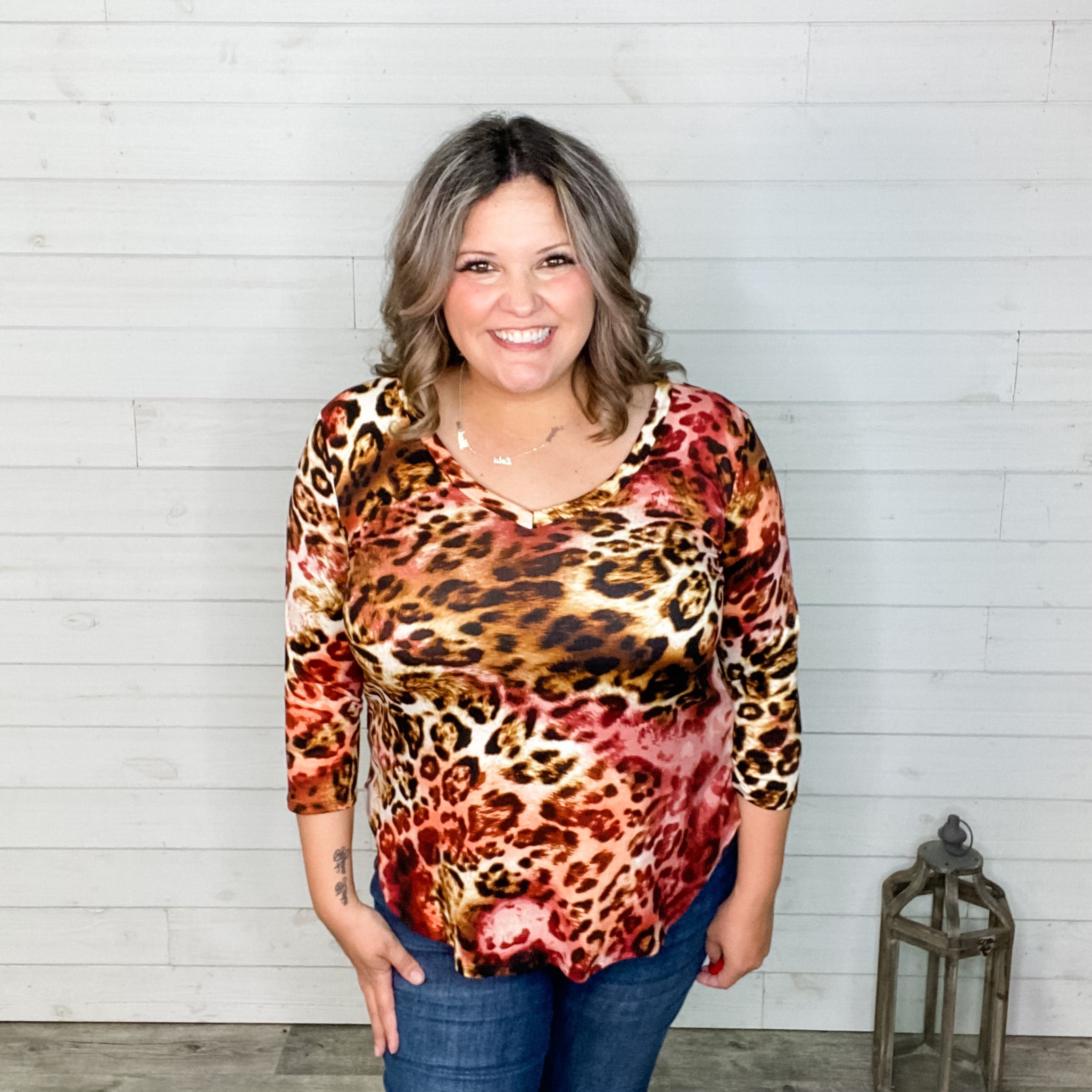 "Jersey" 3/4 Sleeve Animal Print V Neck-Lola Monroe Boutique