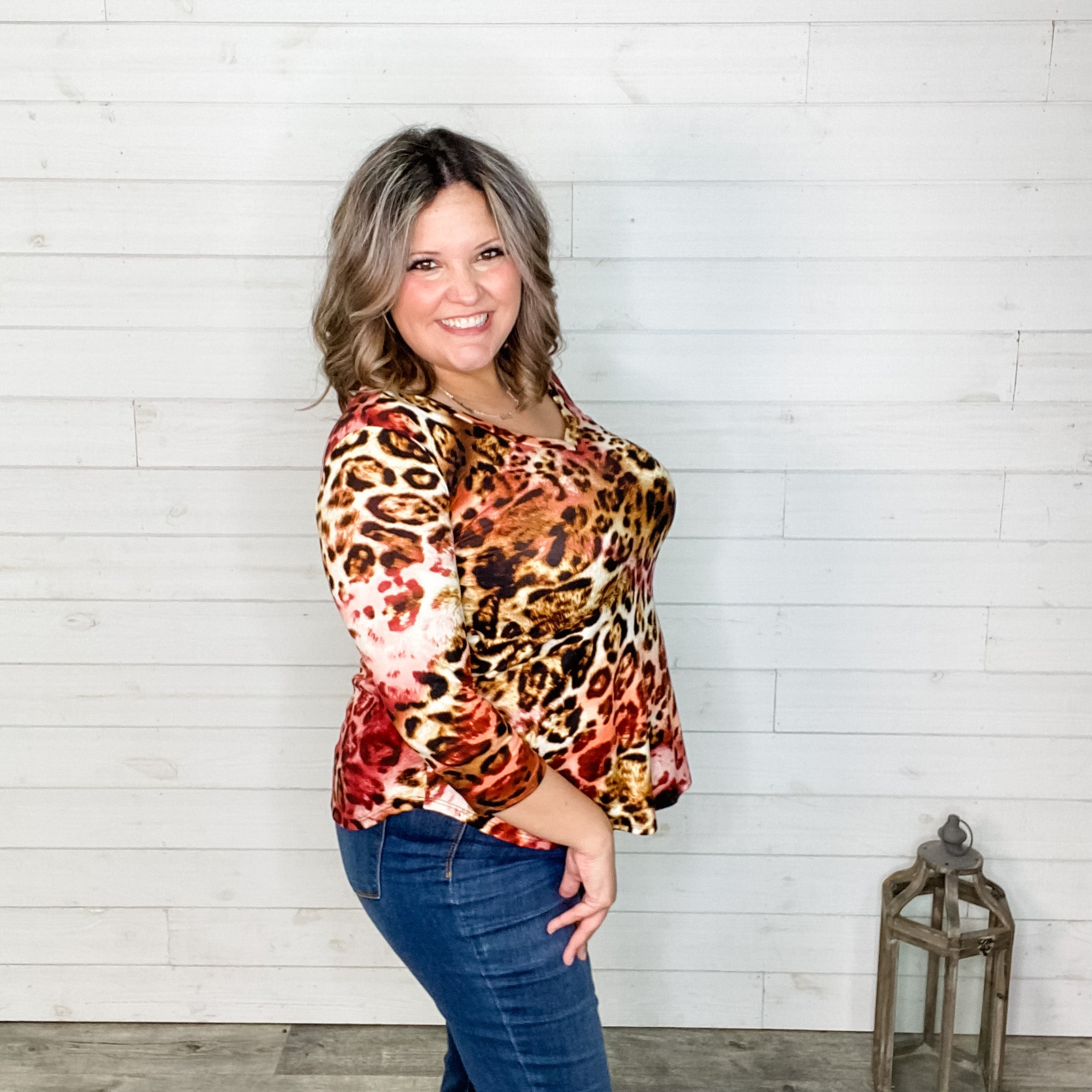 "Jersey" 3/4 Sleeve Animal Print V Neck-Lola Monroe Boutique