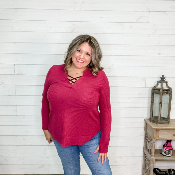 "Jinger" Waffle Texture Long Sleeve Gabby Style (Wine)-Lola Monroe Boutique