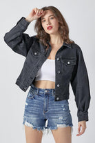 "Johnnie" Short Waisted Denim Jacket (Black)-Lola Monroe Boutique